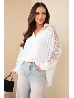 Dámská viskózová košile s krajkovými rukávy a límečkem bílá