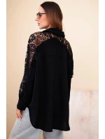 Dámská viskózová košile s krajkovými rukávy a límečkem černá Dámská viskózová košile s krajkovými rukávy a límečkem černá