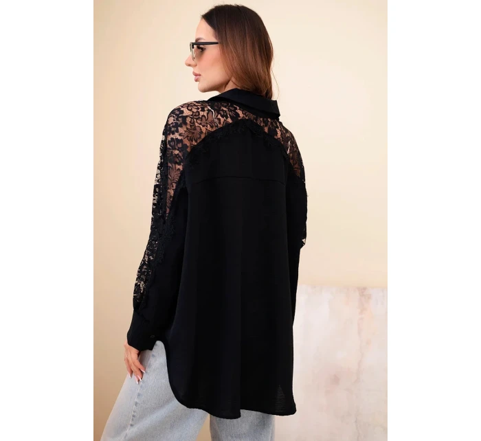Dámská viskózová košile s krajkovými rukávy a límečkem černá Dámská viskózová košile s krajkovými rukávy a límečkem černá