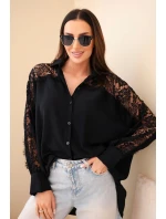 Dámská viskózová košile s krajkovými rukávy a límečkem černá Dámská viskózová košile s krajkovými rukávy a límečkem černá
