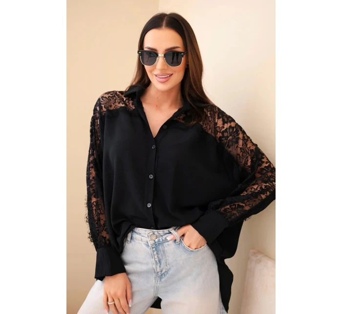 Dámská viskózová košile s krajkovými rukávy a límečkem černá Dámská viskózová košile s krajkovými rukávy a límečkem černá