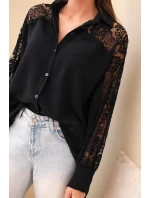 Dámská viskózová košile s krajkovými rukávy a límečkem černá Dámská viskózová košile s krajkovými rukávy a límečkem černá