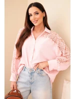 Dámská viskózová košile s krajkovými rukávy a límečkem pudrově růžová