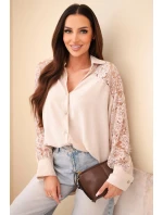 Dámská viskózová košile s krajkovými rukávy a límečkem béžová Dámská viskózová košile s krajkovými rukávy a límečkem béžová