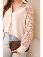 Dámská viskózová košile s krajkovými rukávy a límečkem béžová Dámská viskózová košile s krajkovými rukávy a límečkem béžová