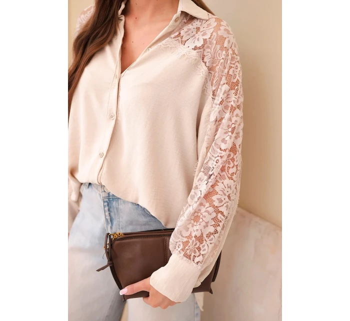 Dámská viskózová košile s krajkovými rukávy a límečkem béžová Dámská viskózová košile s krajkovými rukávy a límečkem béžová