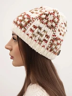 Dámská zimní čepice s barevnou přízí a silným lemem K355 ecru+cervená+camelová