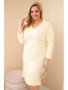 Dámské šaty Plus Size máslové s výstřihem do V a rukávem žlutá