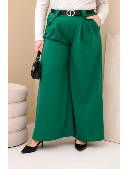 Dámské kalhoty Plus Size viskózové s širokými nohavicemi a páskem zelené Dámské kalhoty Plus Size viskózové s širokými nohavicemi a páskem zelené