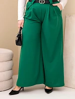 Dámské kalhoty Plus Size viskózové s širokými nohavicemi a páskem zelené