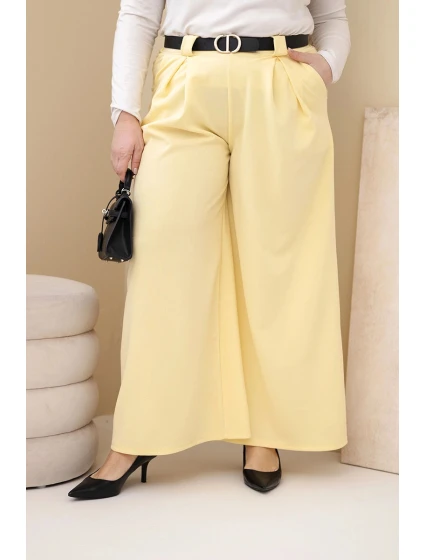 Dámské kalhoty Plus Size viskózové s širokou nohavicí a páskem žluté Dámské kalhoty Plus Size viskózové s širokou nohavicí a páskem žluté