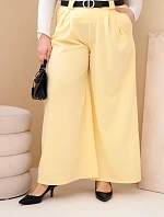 Dámské kalhoty Plus Size viskózové s širokou nohavicí a páskem žluté