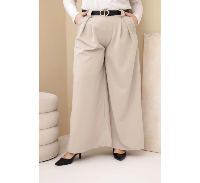 Dámské kalhoty Plus Size viskózové s širokou nohavicí a páskem béžové Dámské kalhoty Plus Size viskózové s širokou nohavicí a páskem béžové