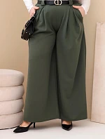 Dámské kalhoty Plus Size viskózové s širokou nohavicí a páskem khaki