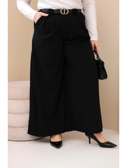 Dámské kalhoty Plus Size viskózové s širokou nohavicí a páskem černé Dámské kalhoty Plus Size viskózové s širokou nohavicí a páskem černé