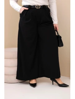 Dámské kalhoty Plus Size viskózové s širokou nohavicí a páskem černé