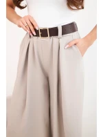 Dámské kalhoty se širokými nohavicemi a páskem tmavě béžové