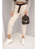 Dámské bavlněné kalhoty s páskem a ohrnutím nohavic béžové