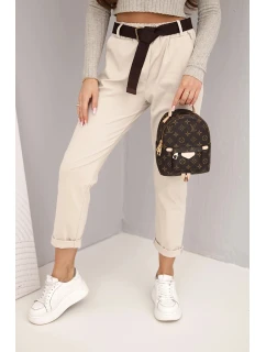Dámské bavlněné kalhoty s páskem a ohrnutím nohavic béžové