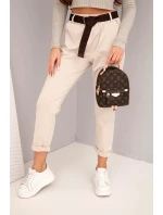 Dámské bavlněné kalhoty s páskem a ohrnutím nohavic béžové