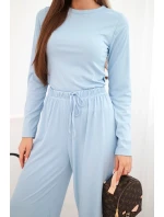 Dámský viskózový komplet s blůzkou a širokými kalhotami modrý