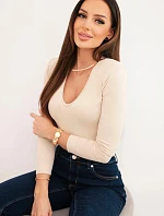 Dámská blůza s výstřihem do V a dlouhým rukávem béžová
