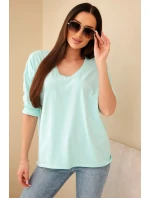 Dámská bavlněná blůza s výstřihem do V a dlouhým rukávem mátová