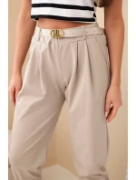 Dámské kalhoty z vysokým pasem a páskem bavlněné tmavě béžová
