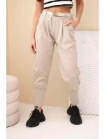 Dámské kalhoty z vysokým pasem a páskem bavlněné tmavě béžová