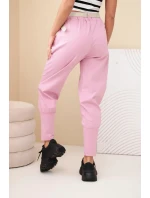 Dámské bavlněné kalhoty s vysokým pasem a páskem tmavě růžové