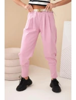 Dámské bavlněné kalhoty s vysokým pasem a páskem tmavě růžové