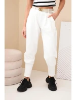 Dámské bavlněné kalhoty s vysokým pasem a páskem ecru