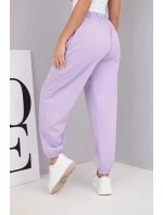 Dámské bavlněné kalhoty s vysokým pasem a ozdobným knoflíkem světle fialové