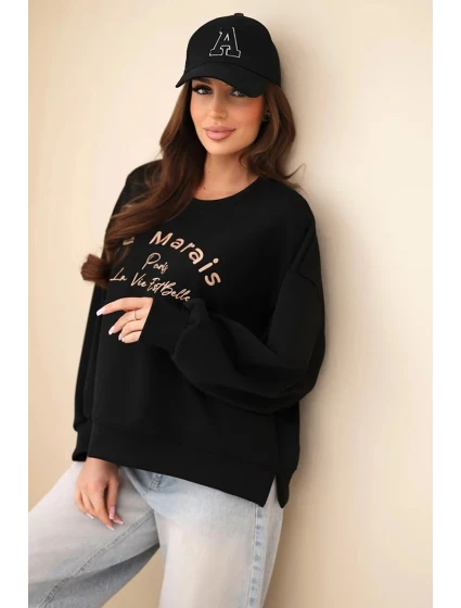 Dámská mikina máslová s výšivkou volného střihu černý Dámská mikina máslová s výšivkou volného střihu černý