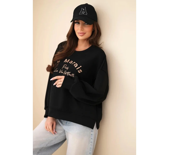 Dámská mikina máslová s výšivkou volného střihu černý Dámská mikina máslová s výšivkou volného střihu černý