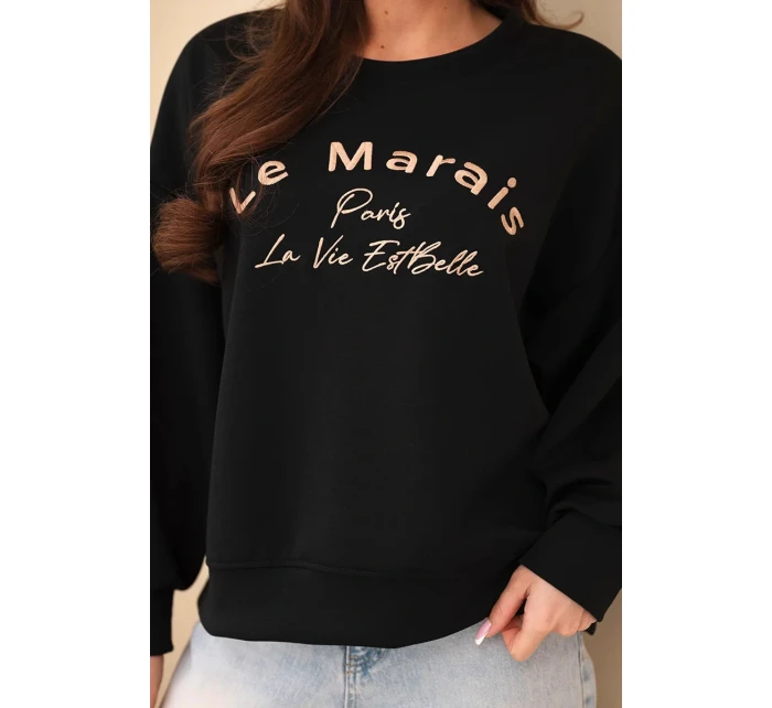 Dámská mikina máslová s výšivkou volného střihu černý Dámská mikina máslová s výšivkou volného střihu černý