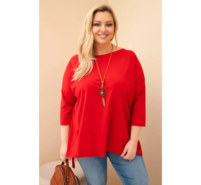 Dámská bavlněná blůza Plus Size asymetrická s náhrdelníkem červená Dámská bavlněná blůza Plus Size asymetrická s náhrdelníkem červená