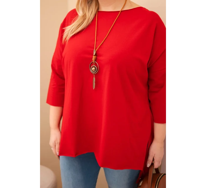 Dámská bavlněná blůza Plus Size asymetrická s náhrdelníkem červená Dámská bavlněná blůza Plus Size asymetrická s náhrdelníkem červená