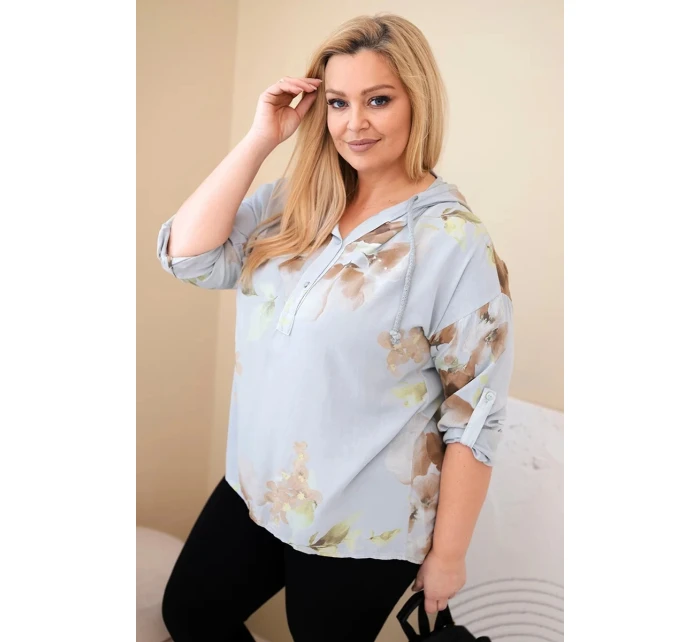 Dámská blůza Plus Size z viskózy s kapucí a květinovým vzorem šedá Dámská blůza Plus Size z viskózy s kapucí a květinovým vzorem šedá