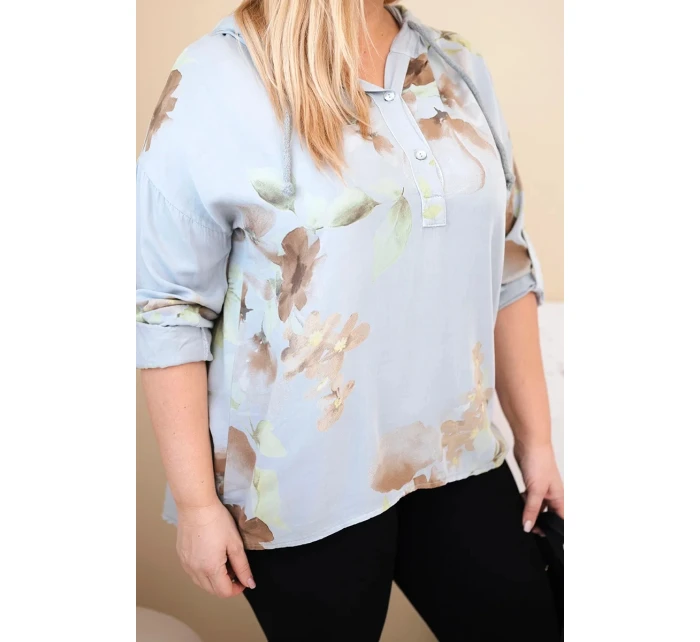 Dámská blůza Plus Size z viskózy s kapucí a květinovým vzorem šedá Dámská blůza Plus Size z viskózy s kapucí a květinovým vzorem šedá