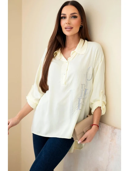 Dámská viskózová blůza s límečkem a potiskem s krystaly žlutá Dámská viskózová blůza s límečkem a potiskem s krystaly žlutá