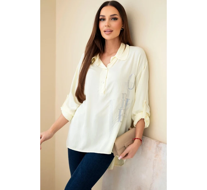 Dámská viskózová blůza s límečkem a potiskem s krystaly žlutá Dámská viskózová blůza s límečkem a potiskem s krystaly žlutá