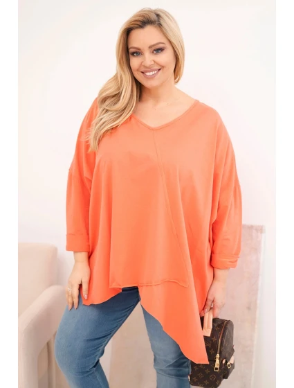 Dámská bavlněná blůza Plus Size s asymetrickým spodním lemem a V výstřihem meruňková Dámská bavlněná blůza Plus Size s asymetrickým spodním lemem a V výstřihem meruňková
