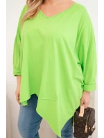 Dámská bavlněná blůza Plus Size s asymetrickým spodním lemem a výstřihem do V světle zelená