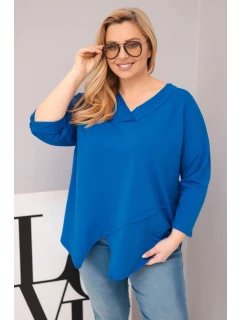 Dámská bavlněná blůza Plus Size s hlubokým V výstřihem a asymetrickým spodním lemem chabrová