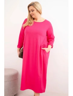 Dámská suknička Plus Size bavlněná s dlouhým rukávem a řasením v pase fuchsie