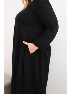 Dámská suknička Plus Size z bavlny s dlouhým rukávem a nařasením v pase černá