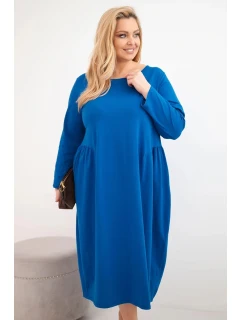 Dámská plus size bavlněná šaty s dlouhým rukávem a nařasením v pase chabrová