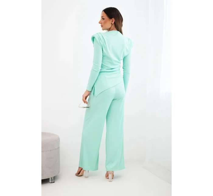 Dámská bavlněná souprava s halenkou a kalhotami s širokými nohavicemi mátová Dámská bavlněná souprava s halenkou a kalhotami s širokými nohavicemi mátová