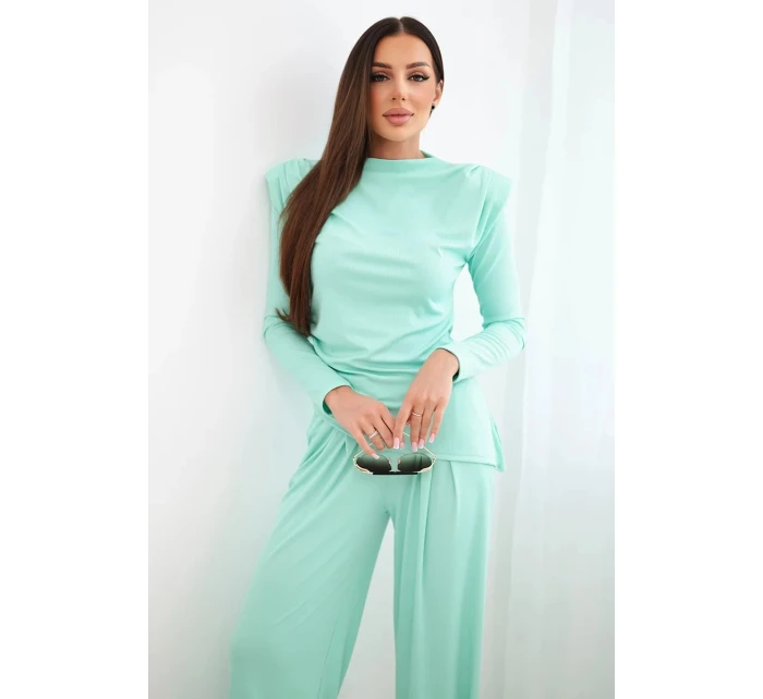 Dámská bavlněná souprava s halenkou a kalhotami s širokými nohavicemi mátová Dámská bavlněná souprava s halenkou a kalhotami s širokými nohavicemi mátová